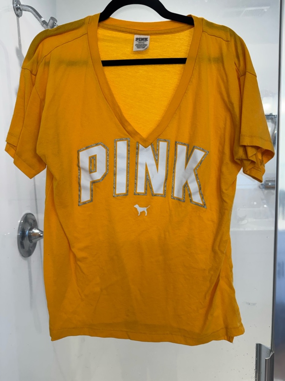 PINK Victoria's Secret Yellow V-Neck Logo Tee